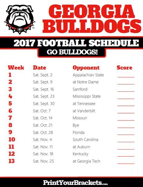 Printable Georgia Bulldogs Football Schedule Georgia Bulldogs