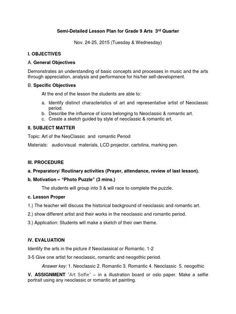 Semi Detailed Lesson Plan In Arts Grade 9 Week 1 Lesson Plan