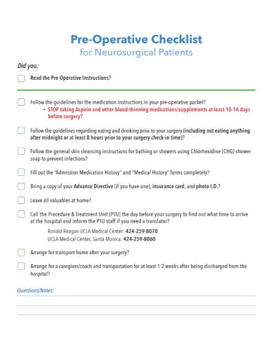 Free Preoperative Checklist Samples Surgical Management Nursing