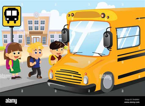 Una Ilustración Vectorial De Niños Esperando Para Subirse A Un Autobús