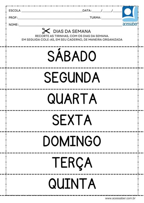 Atividade De Matemática Dias Da Semana Ed Infantil E 1º Ano Acessaber