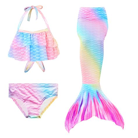 NEW 7PCS SET Rainbow Mermaid Tail Swimming With Fin Swimsuit Costume