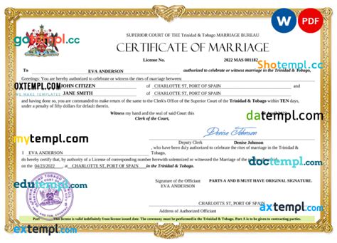 trinidad and tobago marriage certificate word and pdf template completely editable