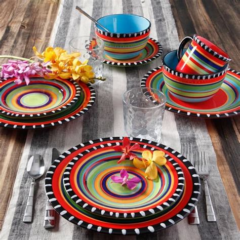 Funky Dinnerware Set Stoneware Multi Color 16pc Ceramic