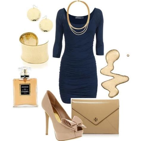 Dark Blue Dress With Beige And Gold Accessories Style Fashion Gold Outfit