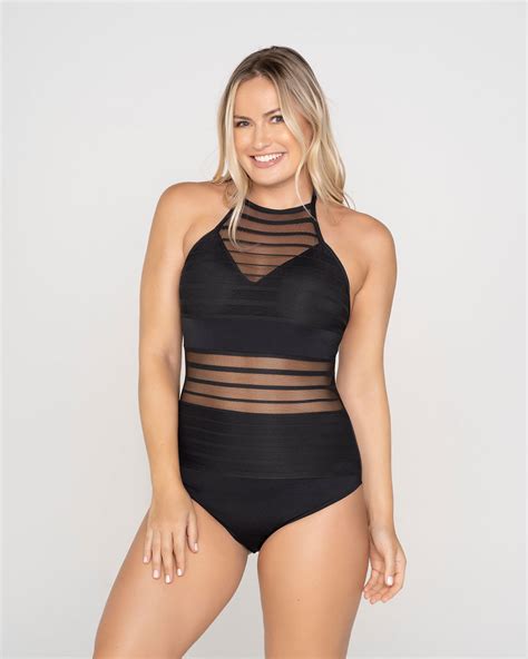 one piece striped mesh overlay slimming swimsuit leonisa