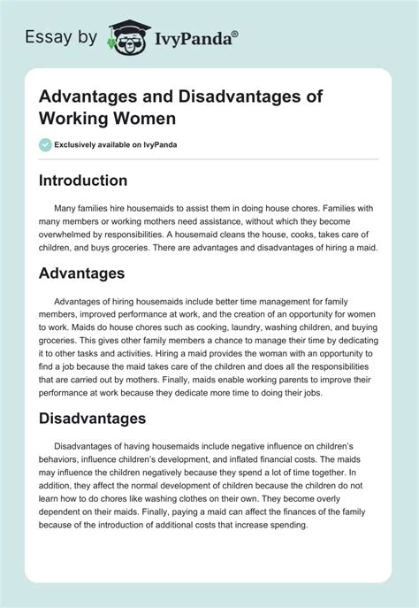 Advantages And Disadvantages Of Working Women 303 Words Essay Example