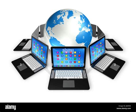 3d Laptop Computers Around World Globe Apps Icons Interface