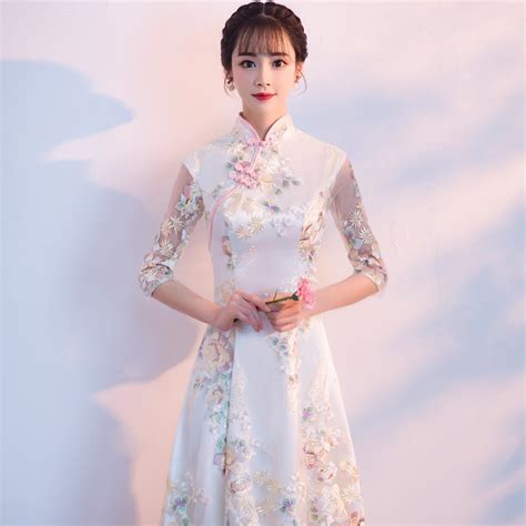 ₩94909에서 민족 의류 현대 중국 드레스 Qipao 섹시한 청사 베이지 드레스 캐주얼 여성 레이스 전통적인 이브닝 가운 Vestido 동양 결혼식 Dhgate