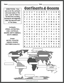 Continents And Oceans Word Search Puzzle Worksheet Activity Printable