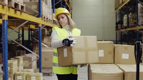 Young Woman Warehouse Worker Unloading Boxes From A Pallet Truck Stock