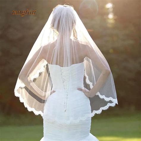 White Ivory Bridal Veil One Layer Soft Tulle Lace Edge Short Bride