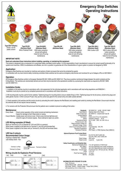 Emergency Stop Switches Operating Instructions