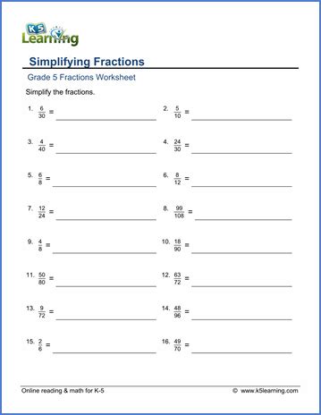 Add and subtract fractions add fractions with like denominators add. Grade 5 math worksheet - Fractions: simplifying fractions ...