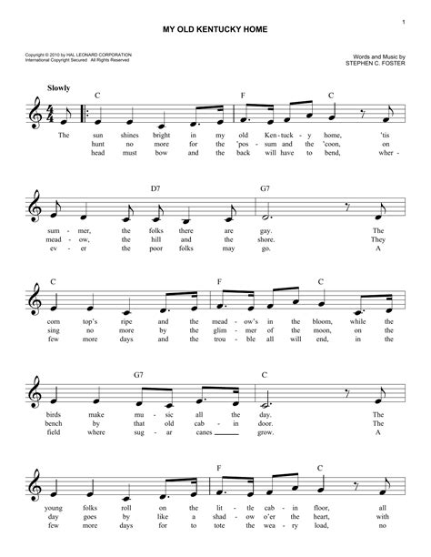 My Old Kentucky Home Chords By Stephen C Foster Melody Line Lyrics And Chords 187469
