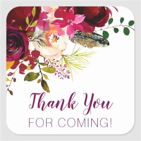 Thank You For Coming Burgundy Floral Favor Square Sticker