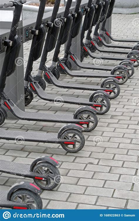 Electric Scooters In Row On Parking Lot Stock Image Image Of Move