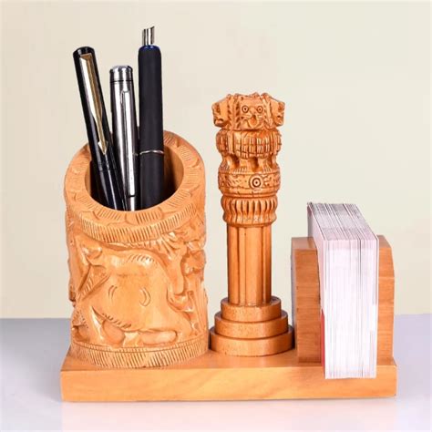 Wooden Pen Stand Ashok Stambh And Visiting Card Holder Craftam