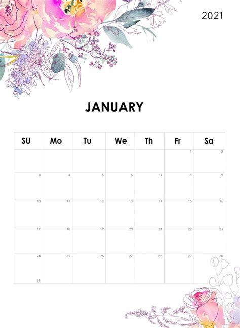 Floral January 2021 Office Desk Calendar In 2020 Calendar Printables