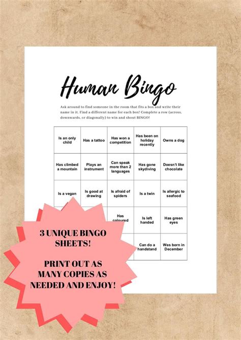 Human Bingo Ice Breaker Party Game Friends Offices Etsy Human Bingo