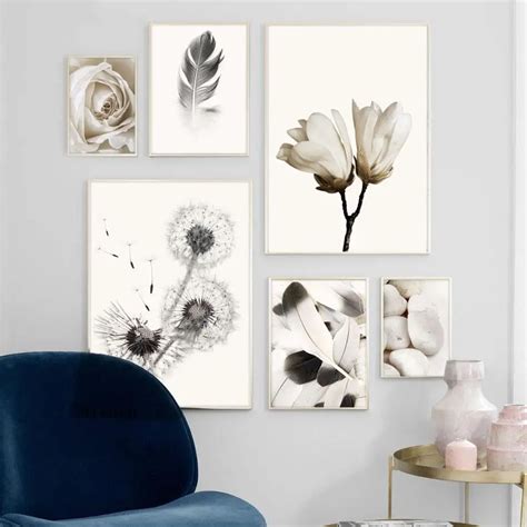 Nordic Poster Black White Dandelion Feather Rose Flower Canvas Painting