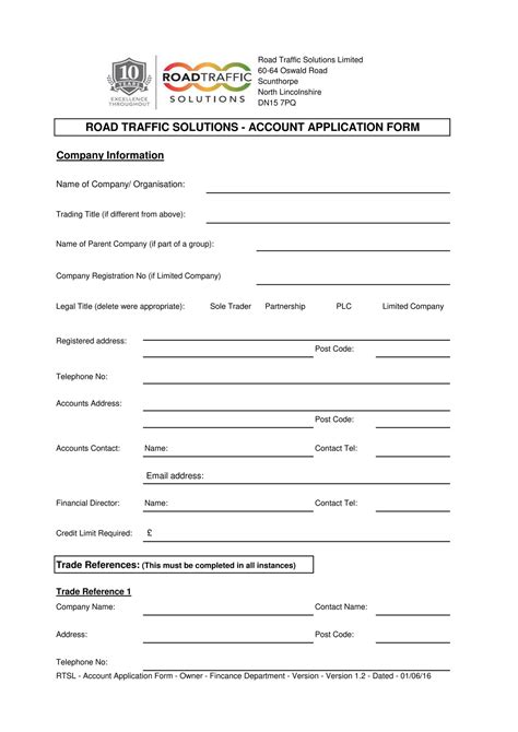 Road Traffic Solutions Account Application Form Version 12 2016