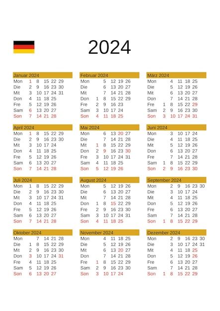 Kalender Für Das Jahr 2024 Auf Deutsch Mit Feiertagen In Deutschland