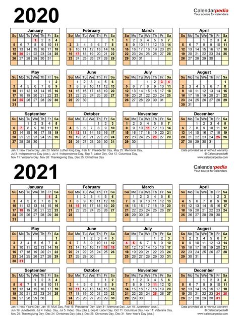 Printable 2020 2021 Year Calendar