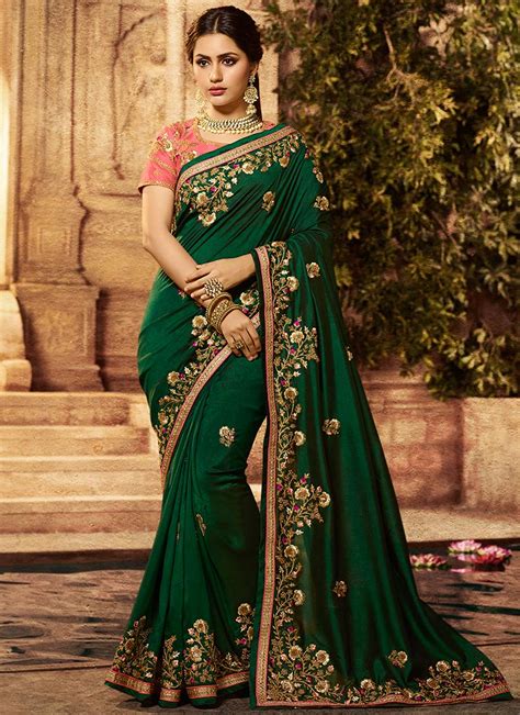 Buy Green Embroidered Art Silk Saree Party Wear Embroidered Sari Online Shopping Sassd9034
