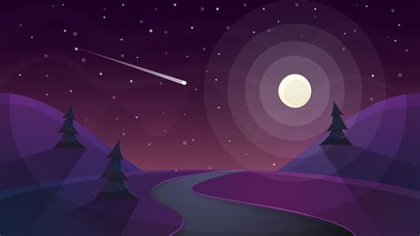 Travel Night Cartoon Landscape Fir Comet Star Moon Road Ill