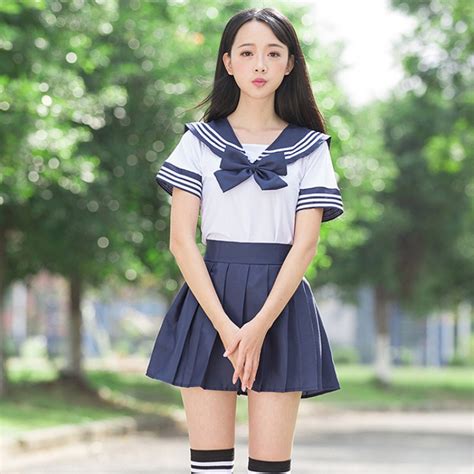 Girls Sailor Collar Blue And White Striped Short Sleeves Japanese