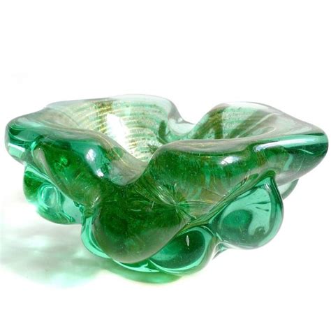 Ercole Barovier Murano Green Gold Flecks Chunky Italian Art Glass Bowl From A Unique