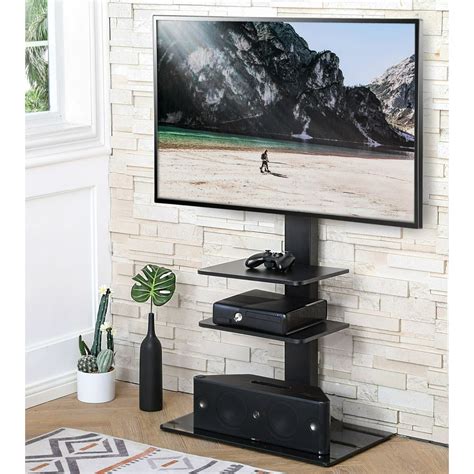 Fitueyes Floor Tv Stand With Swivel Mount Glass Base And Two Shelves For