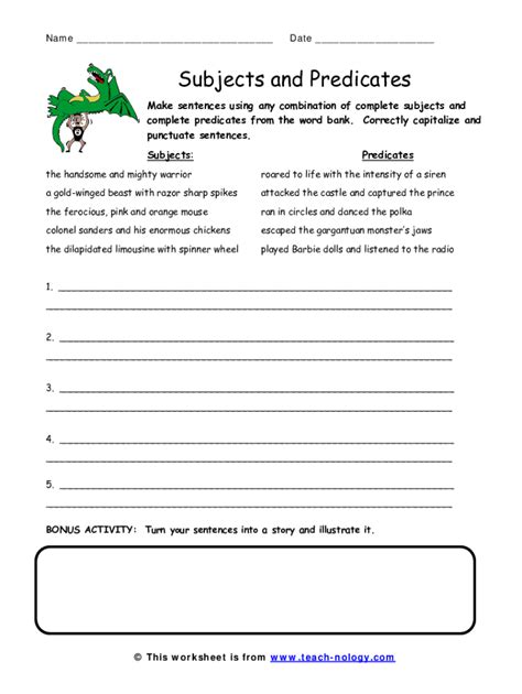 Fillable Online Identifying Subjects And Predicates With Printable