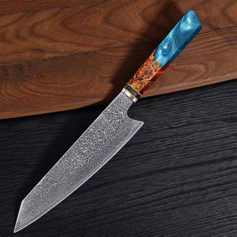 Kiritsuke Knife Japanese Damascus Steel Blue Resin Epoxy Wood Handle