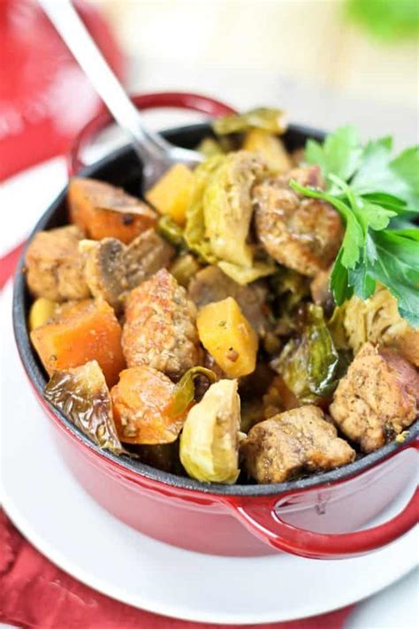 It's hearty enough to fill you up but not too heavy. Pork Loin, Sweet Potato and Brussels Sprouts Casserole