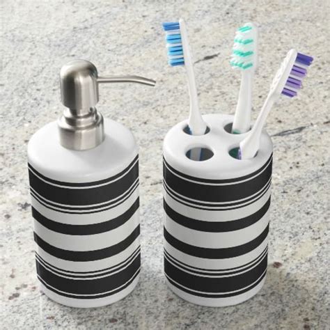 Black And White Modern Stripes Soap Dispenser And Toothbrush Holder