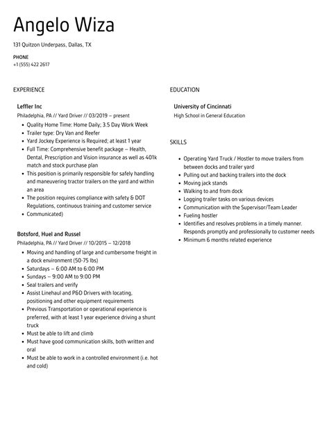 Yard Driver Resume Samples | Velvet Jobs