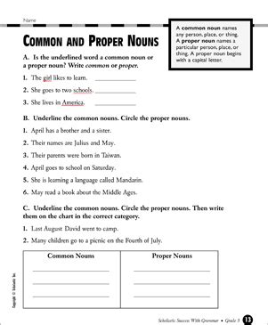 Worksheets, lesson plans, activities, etc. Common and Proper Nouns | Printable Test Prep, Tests and Skills Sheets
