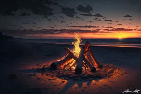 Campfire On The Beach At Evening Sunset Graphic By Alone Art · Creative