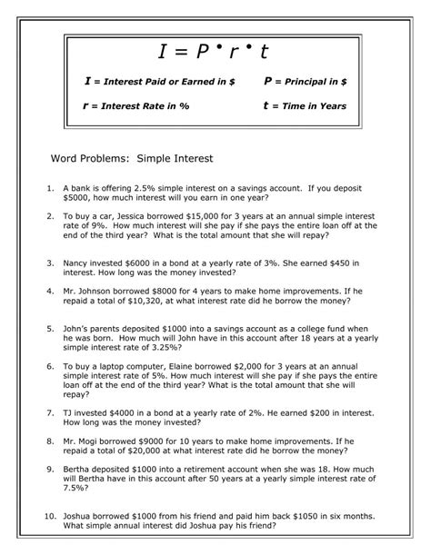 Simple Interest Worksheet Answer Key

