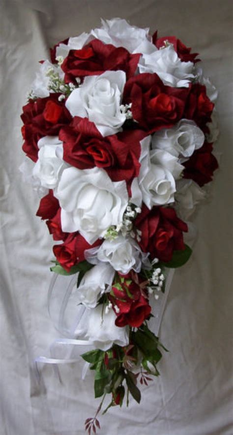 Silk Cascade Wedding Bridal Bouquet Red And White 2 Pcs Etsy
