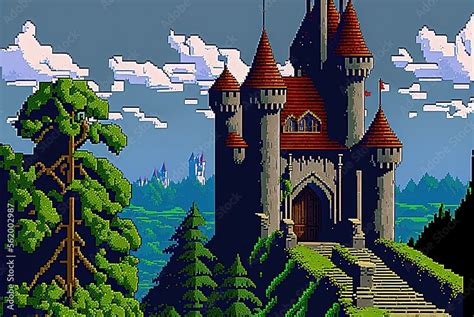 Pixel Art Medieval Castle With Trees And Mountains Background In Retro