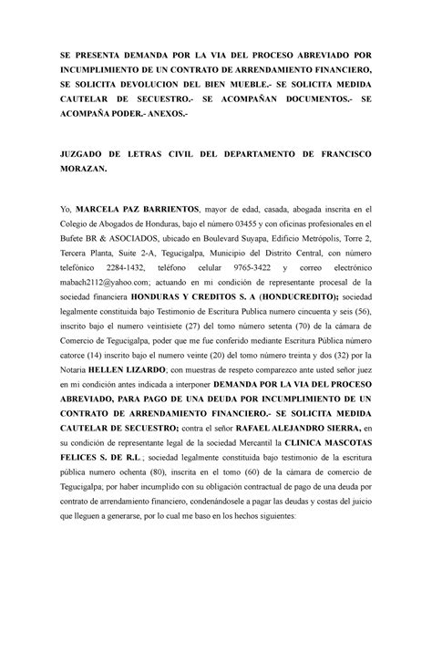 Demanda De Arrendamiento Financiero Por Kenneth Moises Cubas Lopez Derecho Laboral Studocu