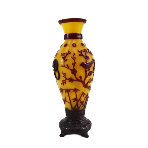 Vintage Chinese Yellow Peking Vase With Built In Stand Red Bird And Tree