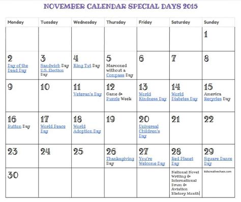Printable November Calendar Special Days Holidays Free Online Music Lessons Homeschool