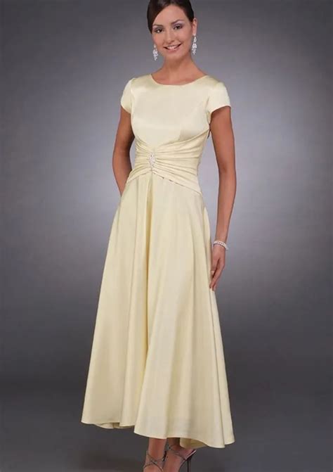 simple yellow satin tea length modest mother of the bride dresses short sleeves brides mothers