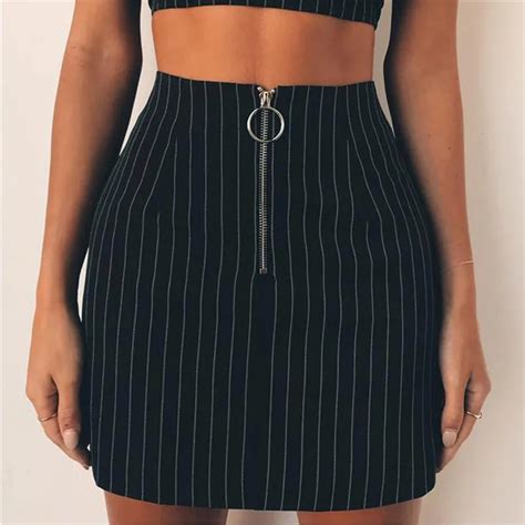 Buy 2018 Fashion Striped High Waist Mini Skirts Women Zipper Split Stretchy