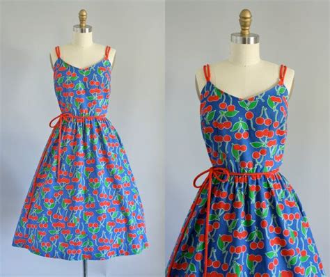 Vintage 70s Dress 1970s Cotton Dress Jenni Blue Cherry Print Sundress