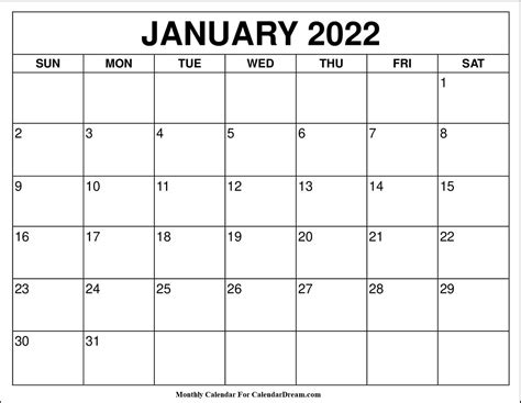 January 2022 Calendar Calendar Dream